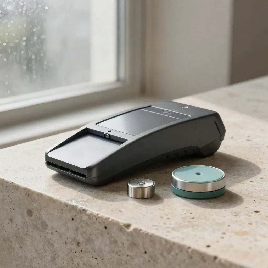 Checkout terminal shell, blank card, security token and device puck on wet pale stone.