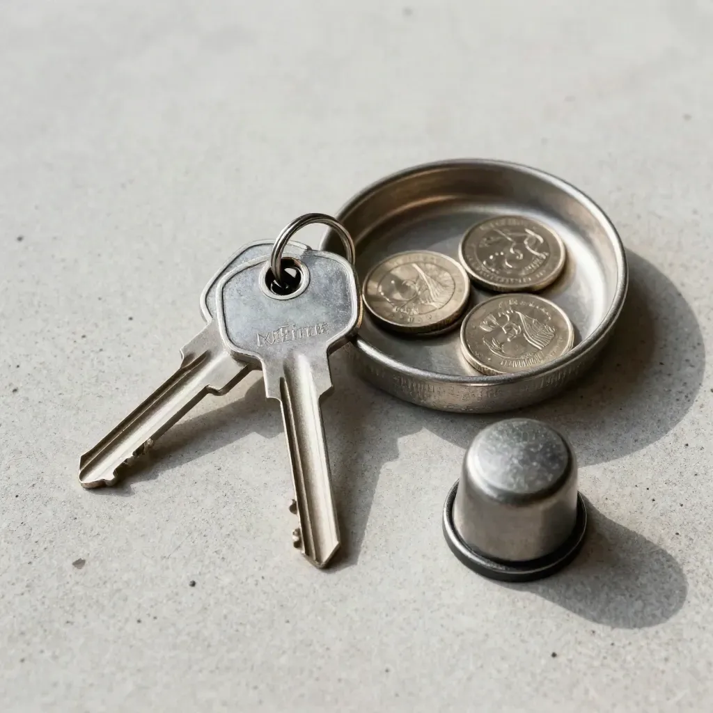 Overhead still life of vault keys, coin tray, and security seal on pale concrete.