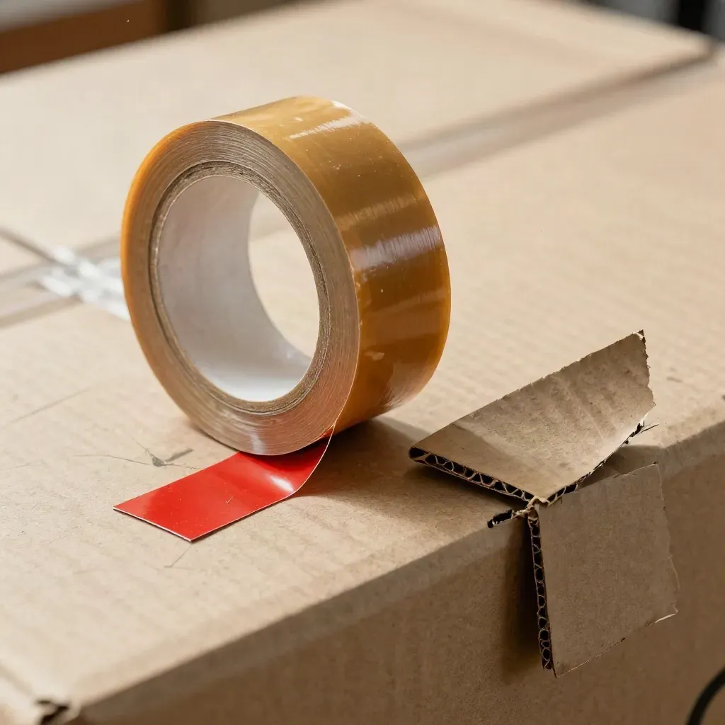 Macro packing tape reel, anti-tamper tabs, and cardboard corner on a neutral bench with red accents.