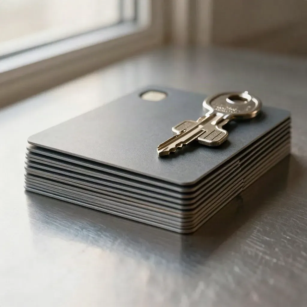 Chip cards, security key and metal token on brushed steel, photographed in tight macro light.