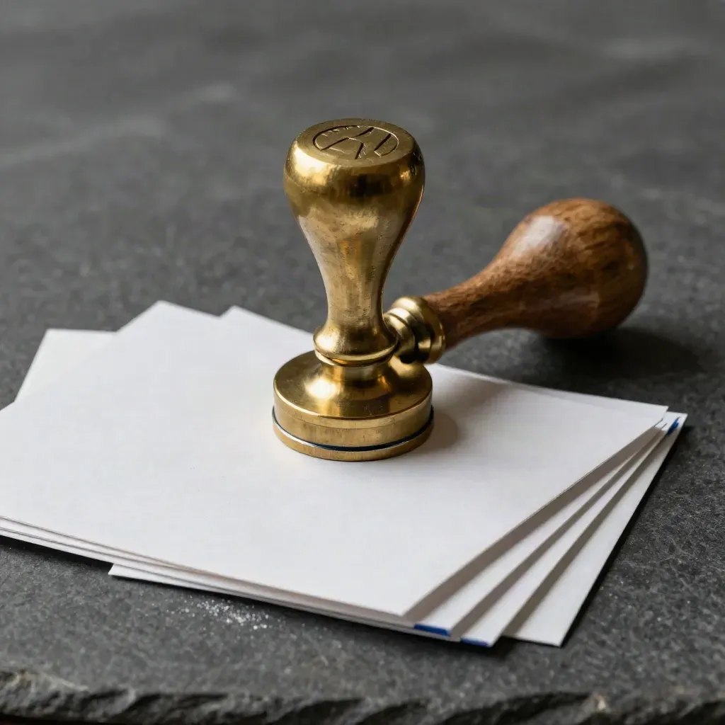 Brass audit stamp beside a folded sleeve and two verification seals on dark stone.