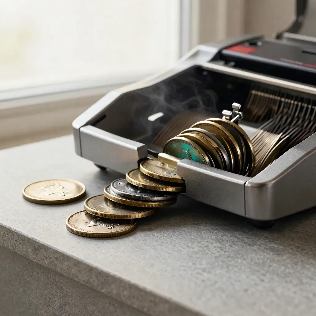 Macro still life of FX discs, exchange tray and metal clamp on pewter stone with teal accent.