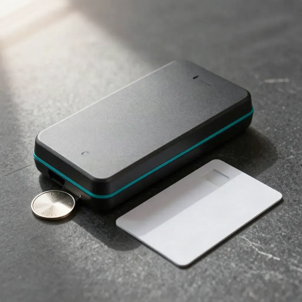 Matte contactless reader puck with two test cards, one halfway inserted, and a steel token.