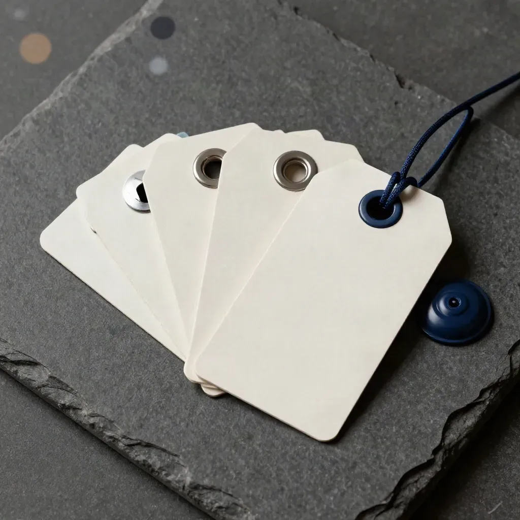Overhead still life of retail anti-theft tags, gift card sleeve and sensor puck on dark stone