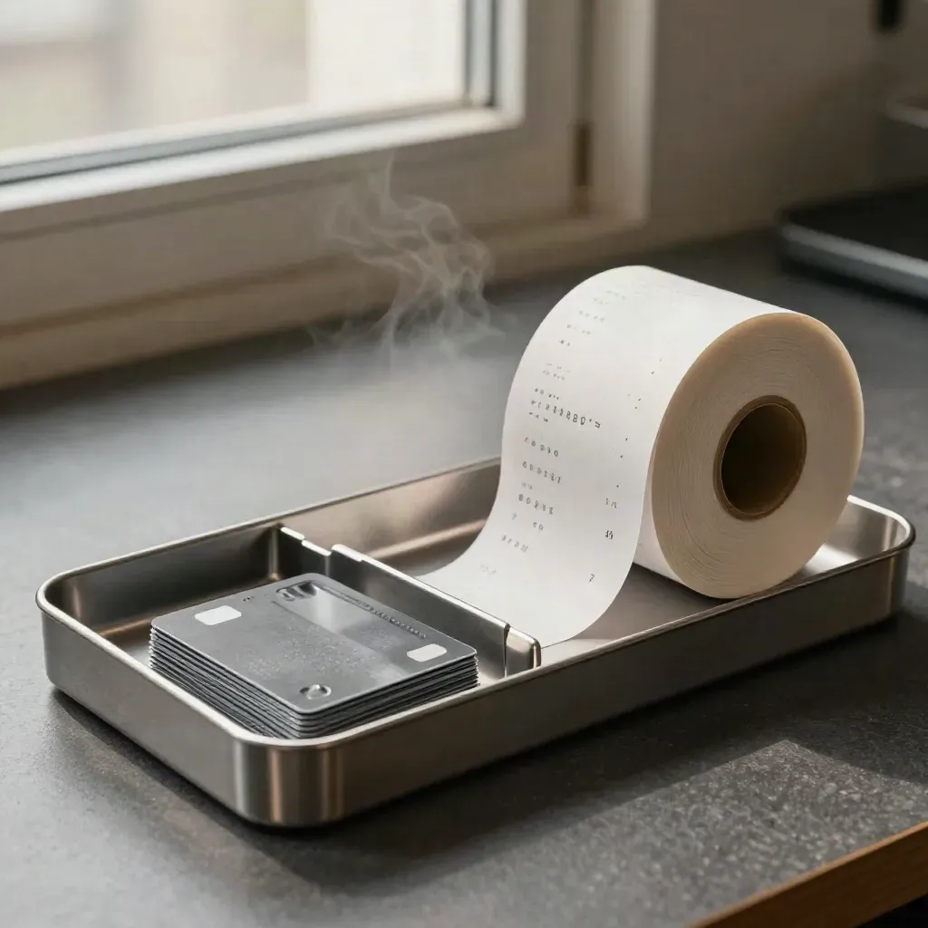 Perforated receipt roll unfurling across a metal queue tray beside stacked cards.