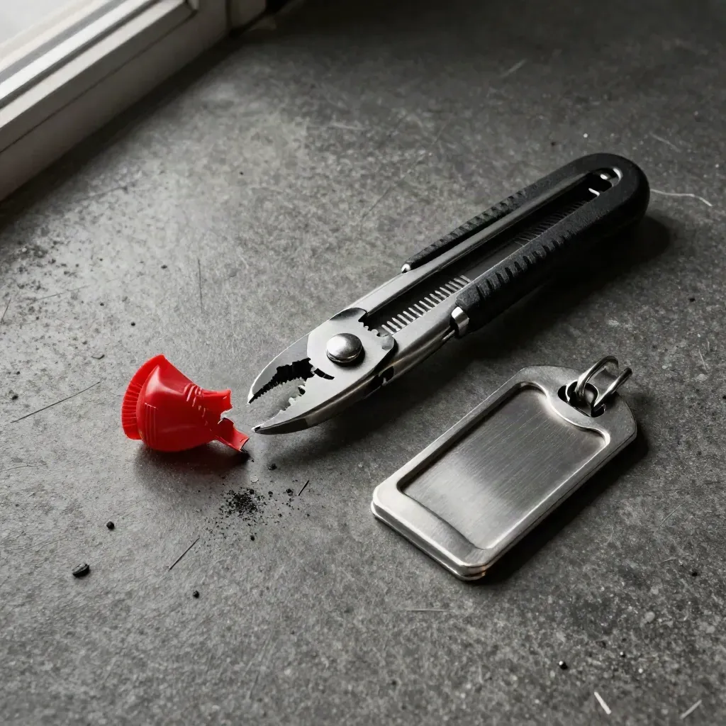 Broken red tamper seal, parcel cutter and open evidence tag on dark concrete.
