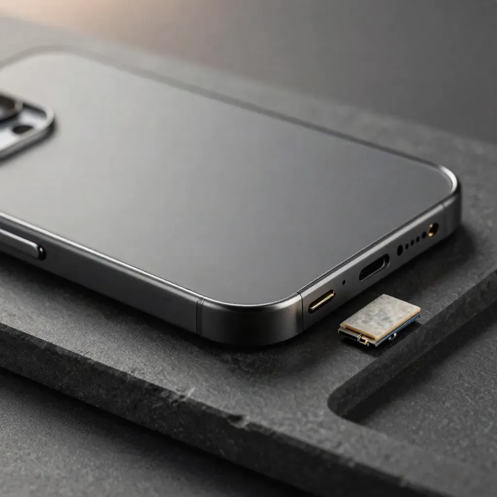 Matte smartphone shell, tamper seal and device module on a graphite tray under dramatic studio light.