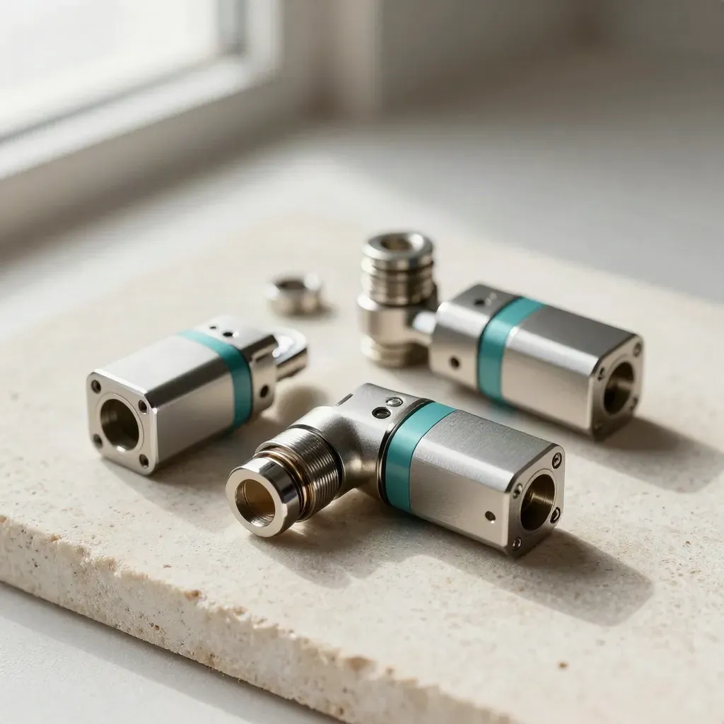 Three brushed-metal relay blocks and a connector on pale stone, top-down with teal accent.