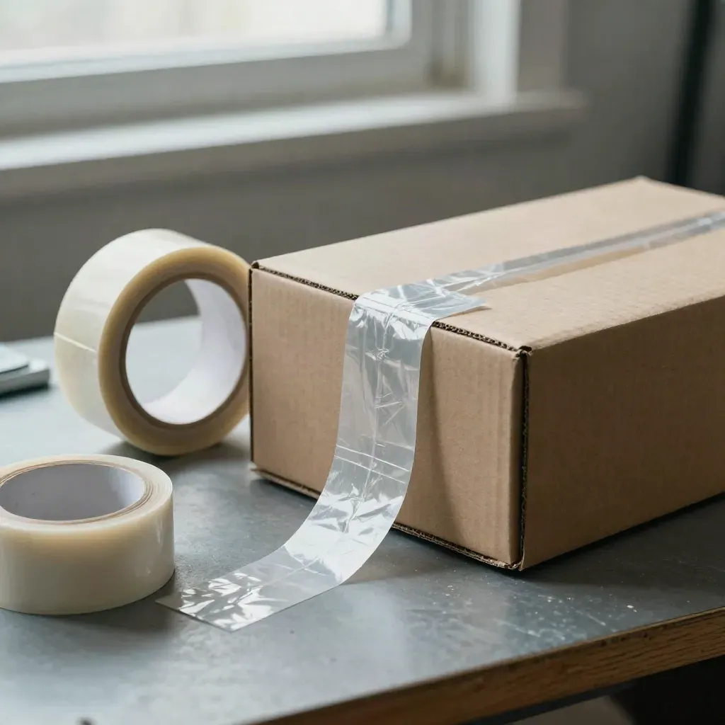 Packing bench still life with parcel scale, kraft box and anti-tamper tape reel.