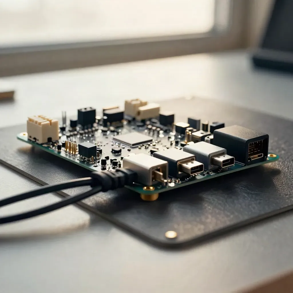 Close-up of network adapters, a microcontroller board, and anti-static mat on a build bench.
