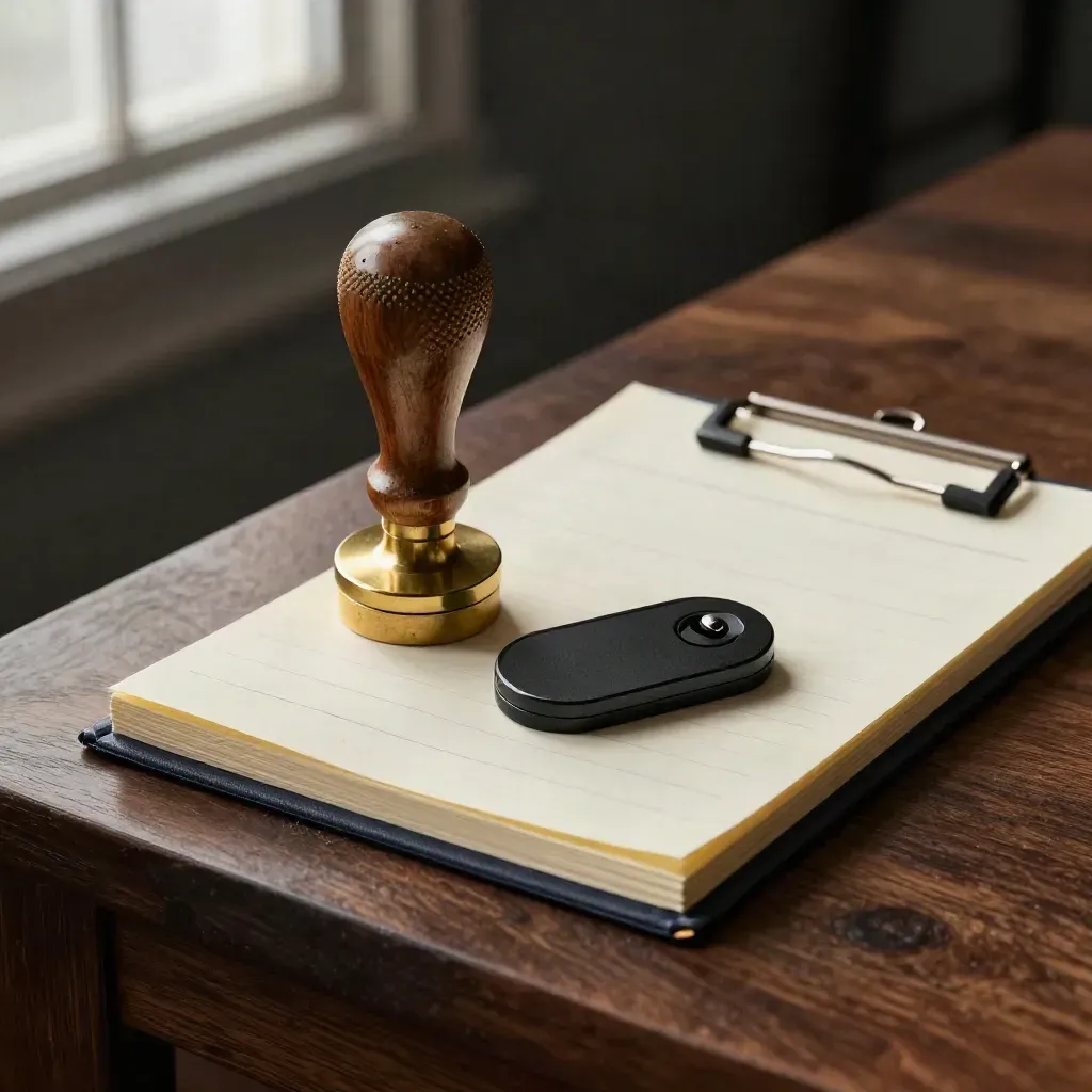 Brass audit stamp, black device token and clipped memo pad on dark walnut with dramatic light.