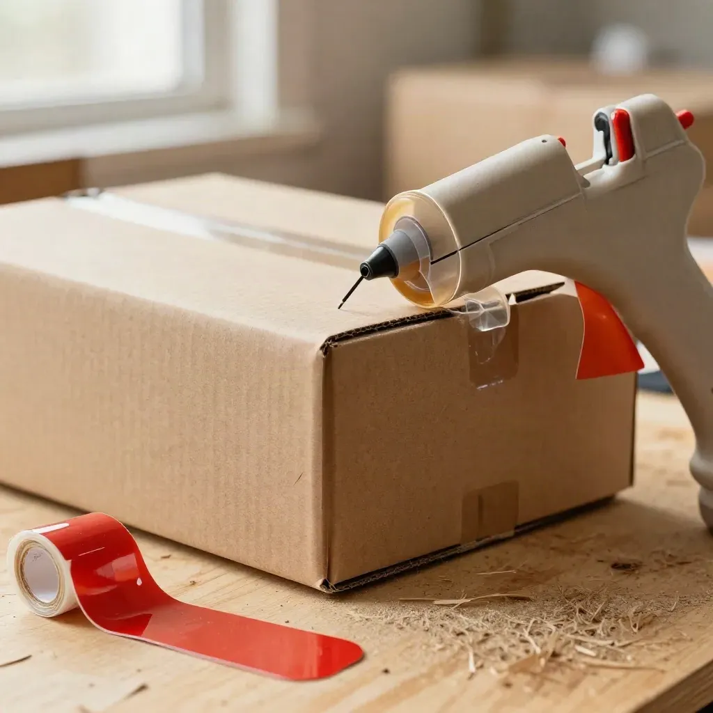 Kraft return box, tape gun and red security sticker roll on a packing station in soft light.