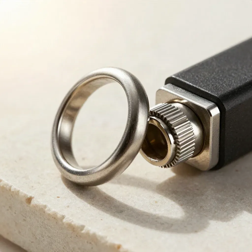 Macro of linked steel rings, cable grommet and connector block on pale stone.