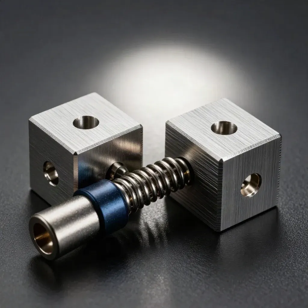 Macro still life of aluminium connector blocks bridged by a spring pin on brushed metal.