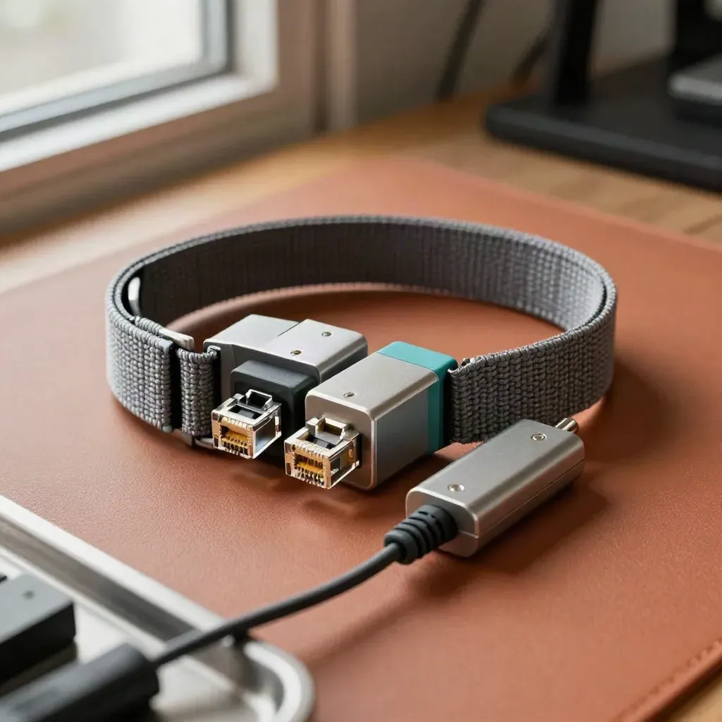 Anti-static wrist strap, ethernet adapters and a debug probe on a warm terracotta bench mat.