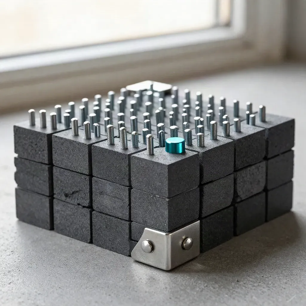 Graphite blocks and steel pegs locking into a workflow grid on concrete with a teal accent