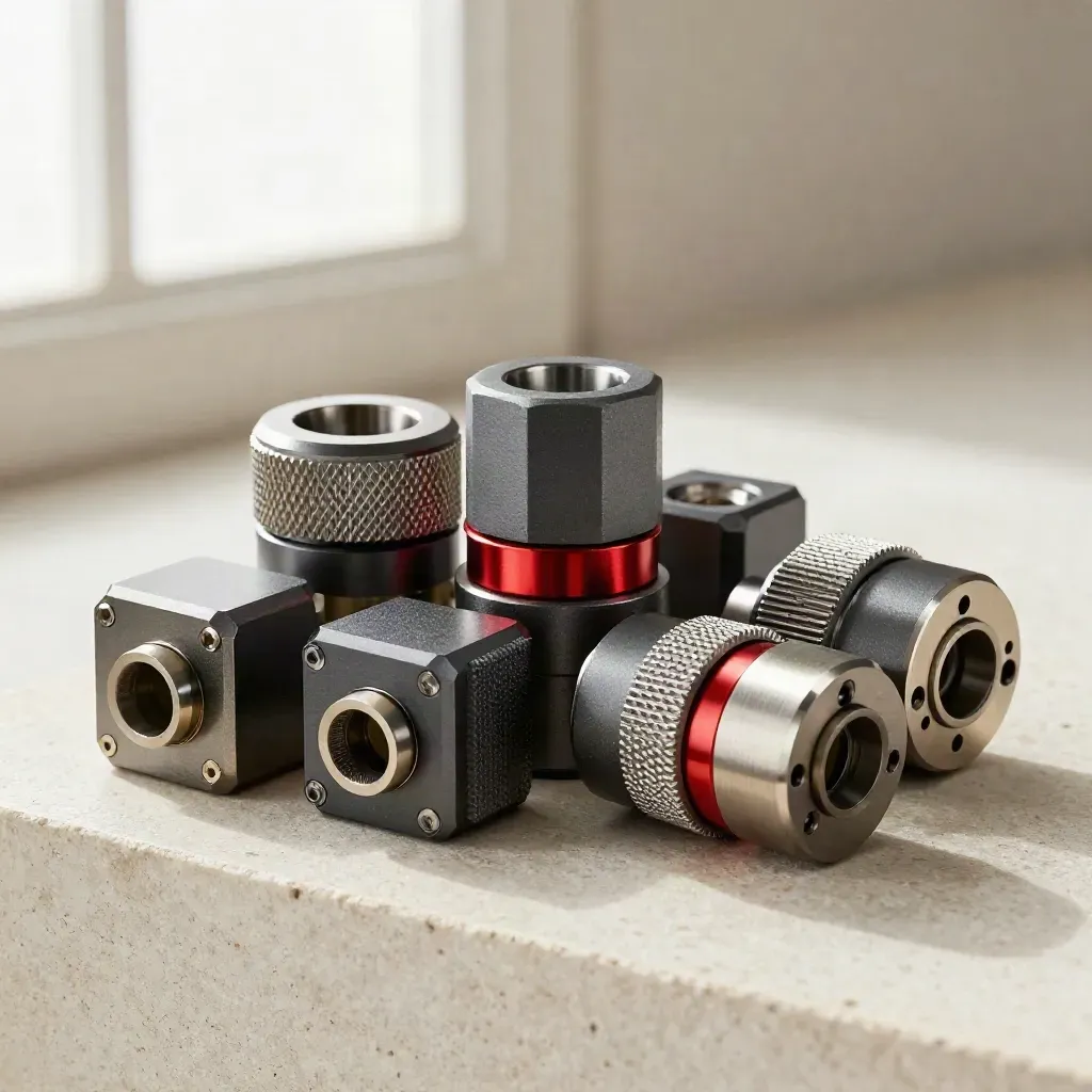 Precision connector parts clustered on pale stone with a subtle red accent and soft mist